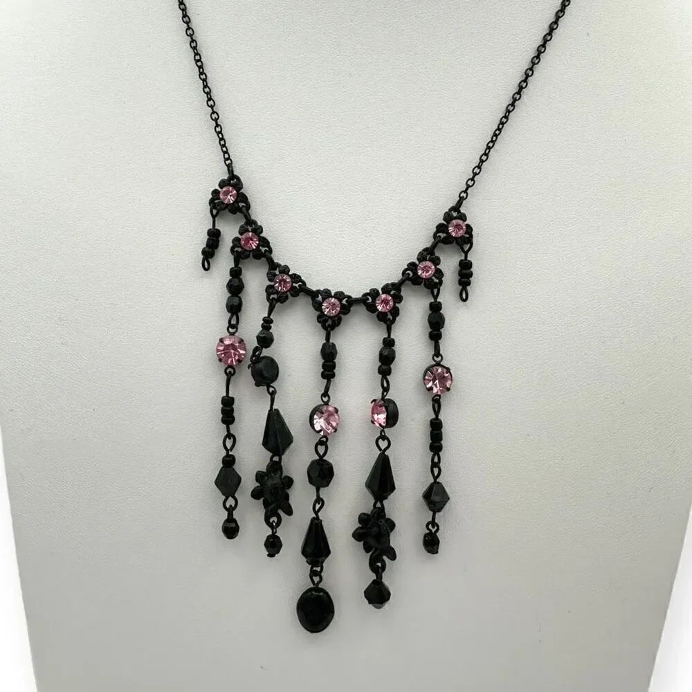 Black chain collar necklace with beading in black and pink 7 strands